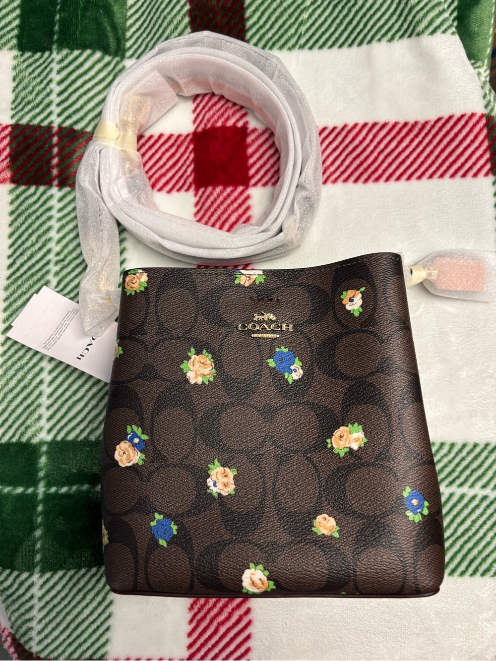 Coach Brown Floral Signature Crossbody Bucket Bag
